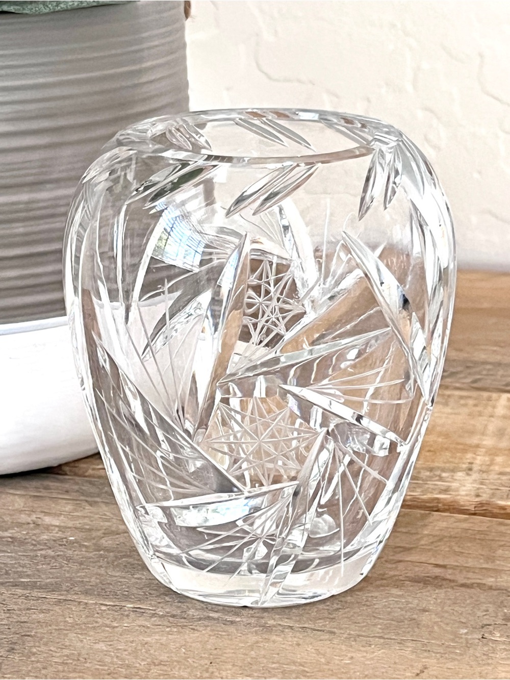 Vintage Hand Cut Lead Crystal Rose Bowl Vase Pinwheel Starburst Heavy